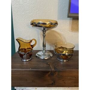 Farber Bros Krome Kraft Amber Creamer & Sugar Nut Dish Art Deco